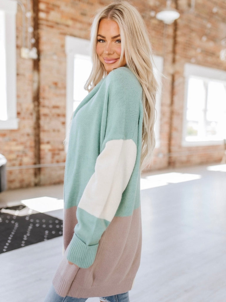  Long fit ,Colour block , blend of mint, grey, and ivory  Cardigan with an open-Front silhouette.