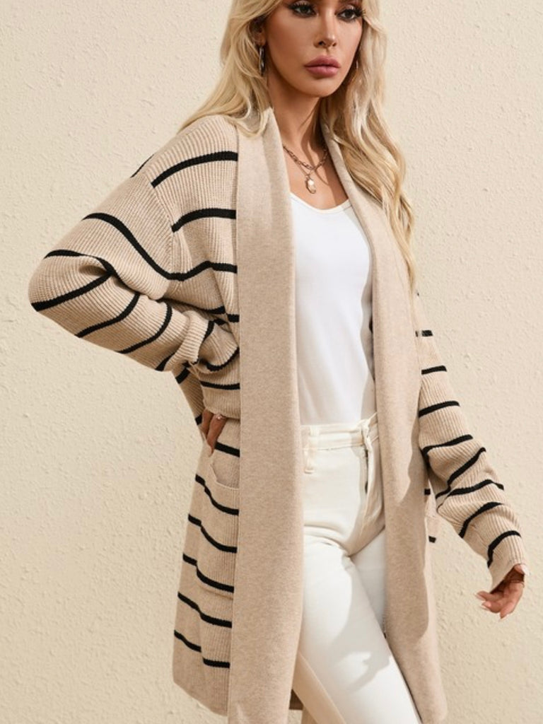 Neutral tan and black stripe pattern Cardigan featuring an open front and convenient pockets.