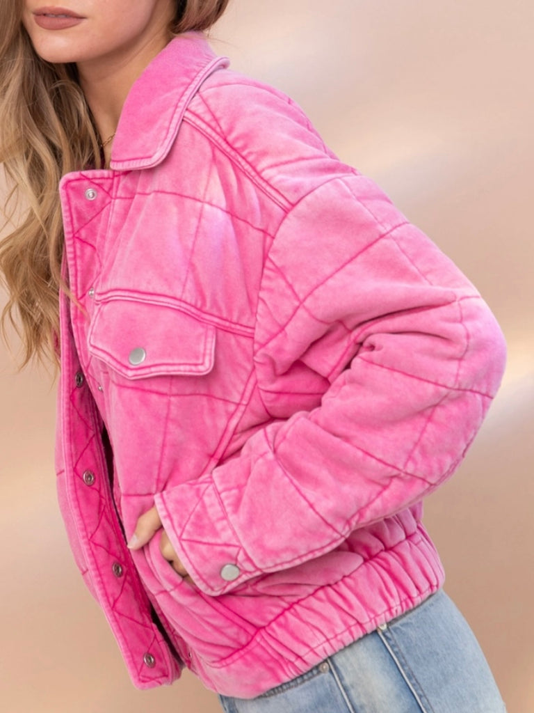 Pink Stone Washed Quilted Jacket! With a playful oversized fit and snap close.