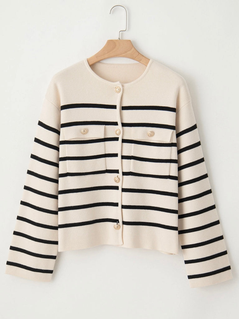  Cream and Black  Stripe Cardigan with functional flap pockets , and stylish button detail.