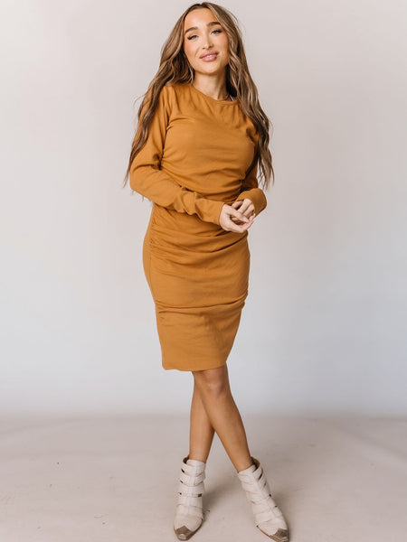  Super Stretchy Better Than Basics Comfy Long Sleeve Dress in Butterscotch is double layered and has side ruching.