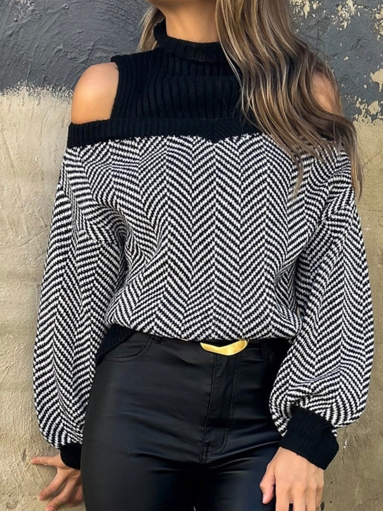  Edgy,  Bold Cold Shoulder Cutouts Ribbed Knit Sweater  ,with Chic Contrast, the black shoulders and black with white colour blocking .