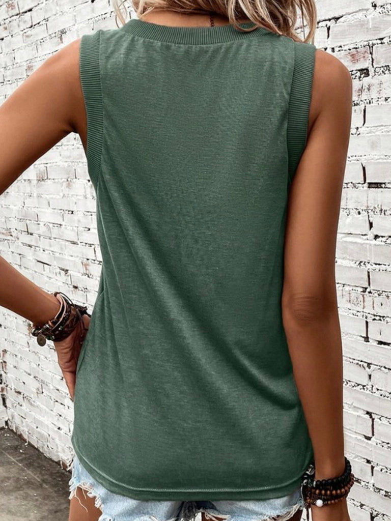 Green V- Neck Tank Top, made with ribbed edges.