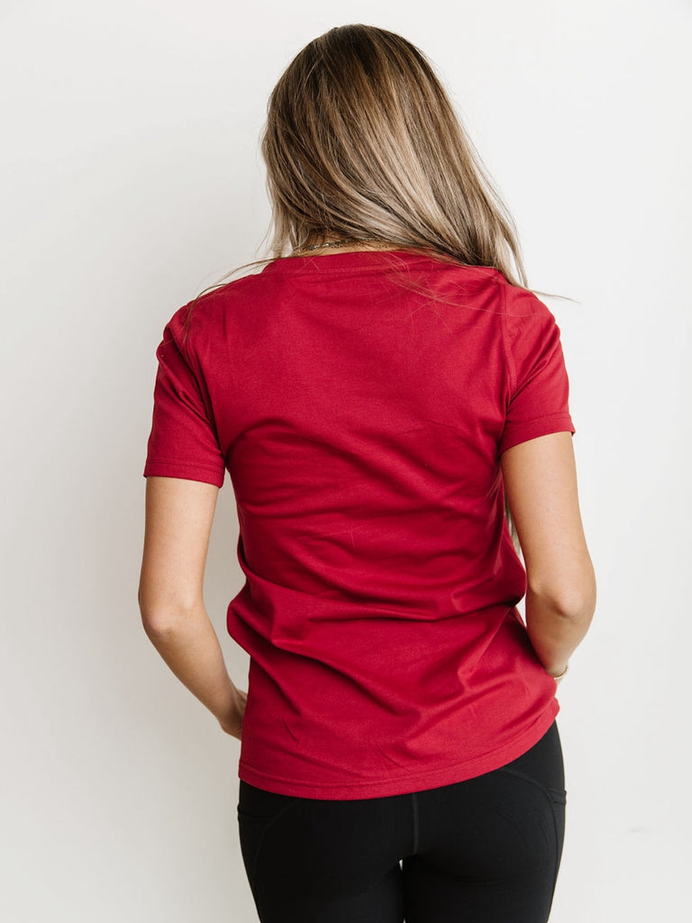 Burgandy short sleeve, v-neck t-shirt. Medium stretch and true-to-size fit.