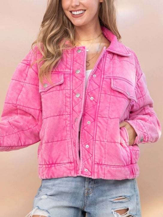 Pink Stone Washed Quilted Jacket! With a playful oversized fit and snap close.