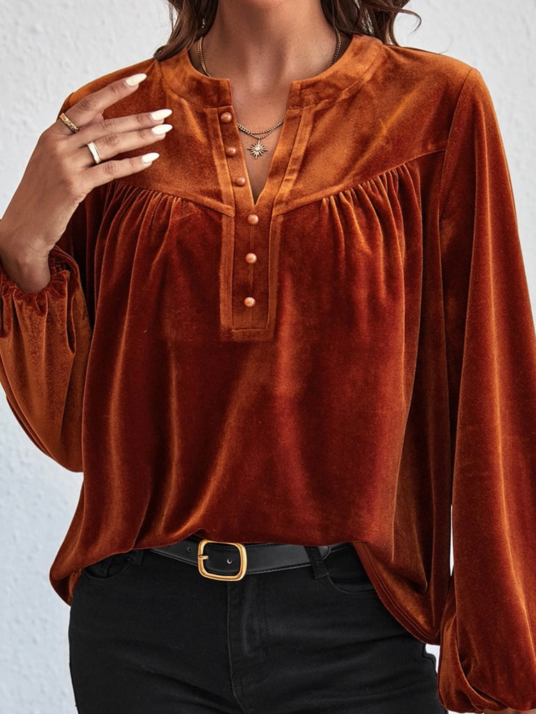 Copper ,Split v-neck Velvet Top with a Relaxed fit, and Lantern sleeves with elegant beaded details.