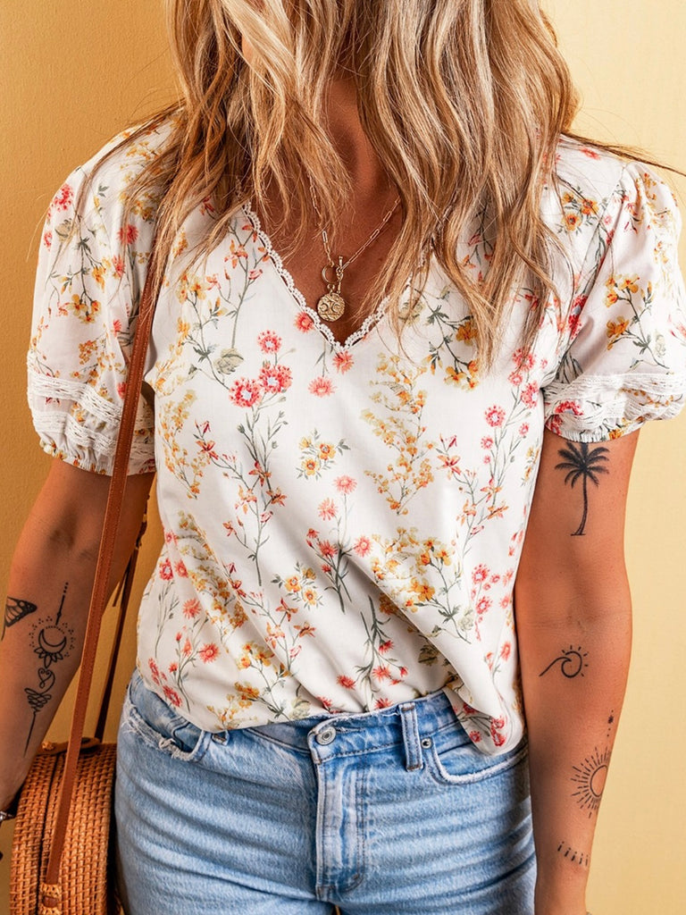 Boho  Floral V-Neck shirt with Lacey details.