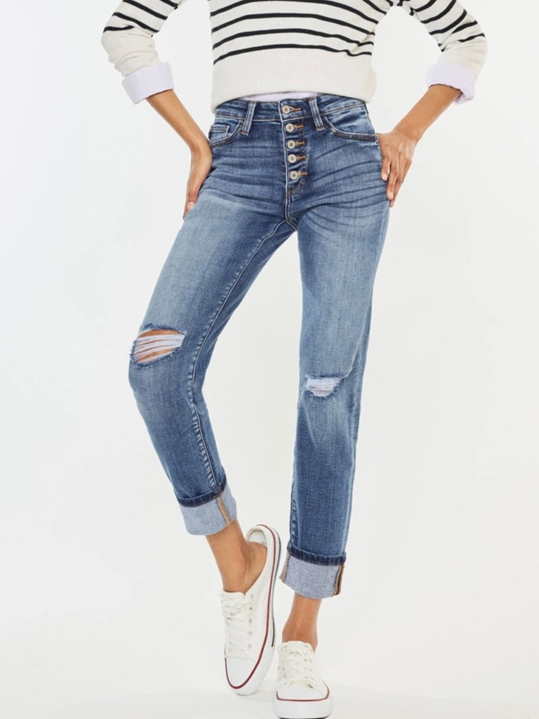 High Rise Button Fly Straight Leg Jeans , cuffed hem, and slight destruction