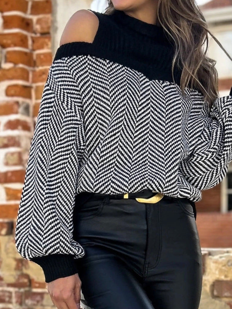 Edgy,  Bold Cold Shoulder Cutouts Ribbed Knit Sweater  ,with Chic Contrast, the black shoulders and black with white colour blocking .