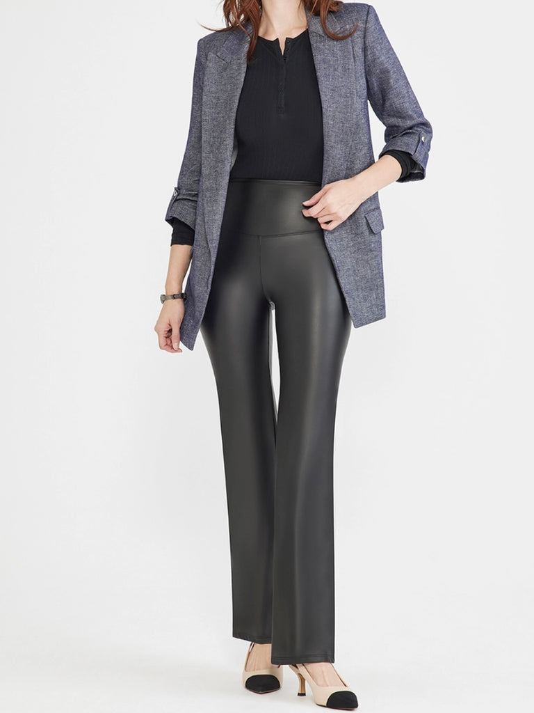 Faux Leather Shaping Bootcut Pant with 4-way stretch faux leather  with an hourglass-shaped 2-ply waistband , and 360° shaping from waist to ankle.