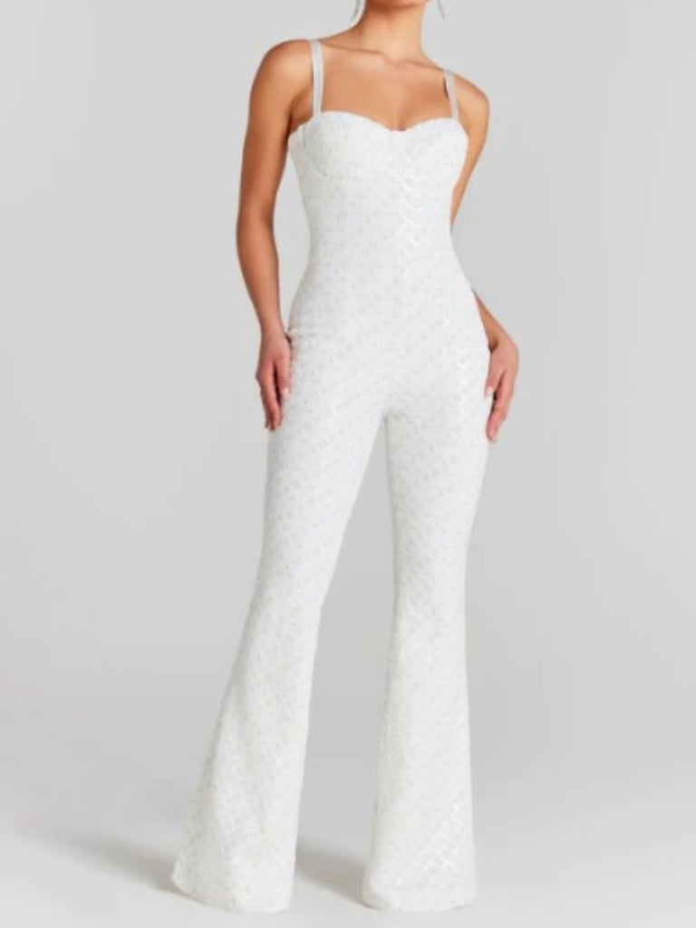 White , Luxe velvet fabric adorned with sequins Jumpsuit with adjustable straps for a customized fit.