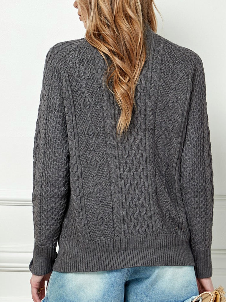 Grey Mock Neck Sweater with Long Sleeves and a cool Button Front Detail.