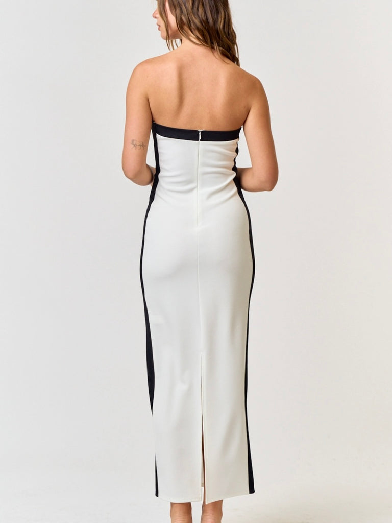 White Contrasting body-skimming fit Tube Dress ,with a zipper back and stretchy material made from 96% polyester and 4% spandex.