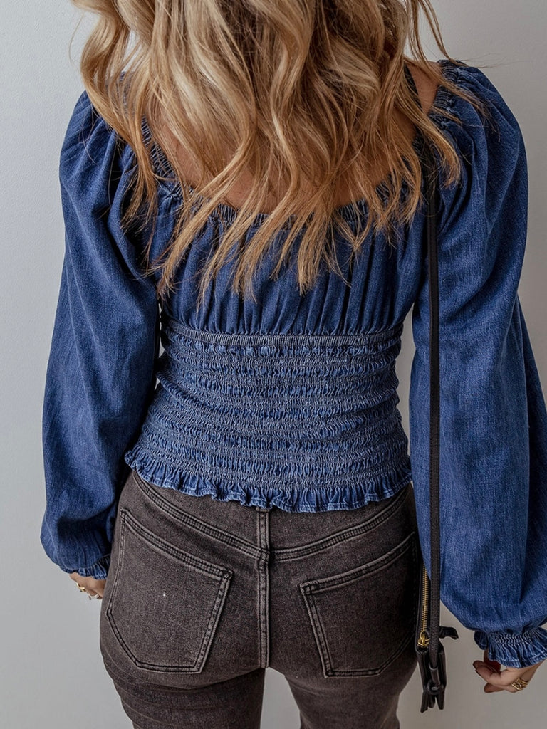 Denim Smocked Top,Ruffled puff sleeves with  a V-neck and elastic neckline.