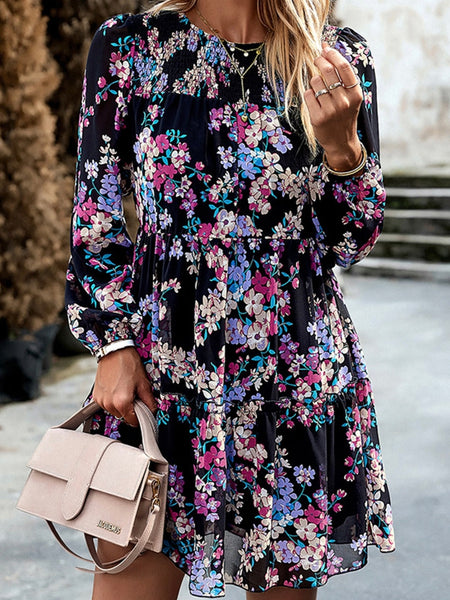  Black Midi -Length  Floral Dress with purple and pink and white flowers has puff sleeves and high waist , with a smocked neckline .