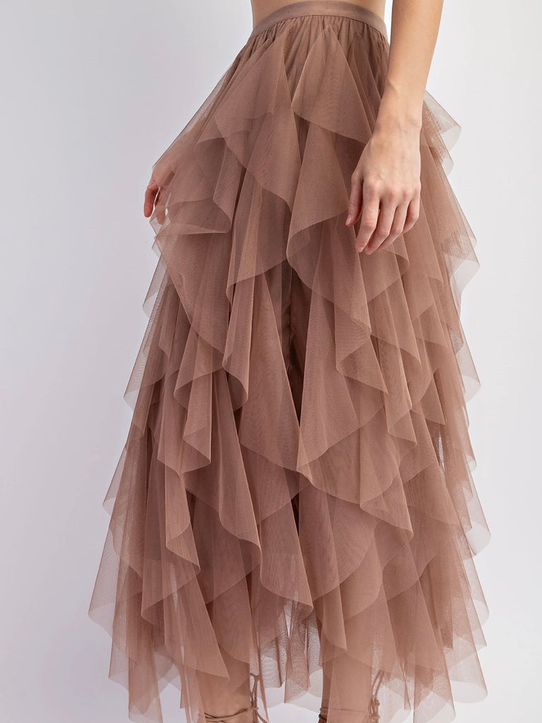  Mocha  Colour ,High Waist  Tulle Maxi Skirt, with multi-layered tulle mesh that creates a whimsical, cascading effect and its perfectly lined with a shorter inner skirt for modesty.