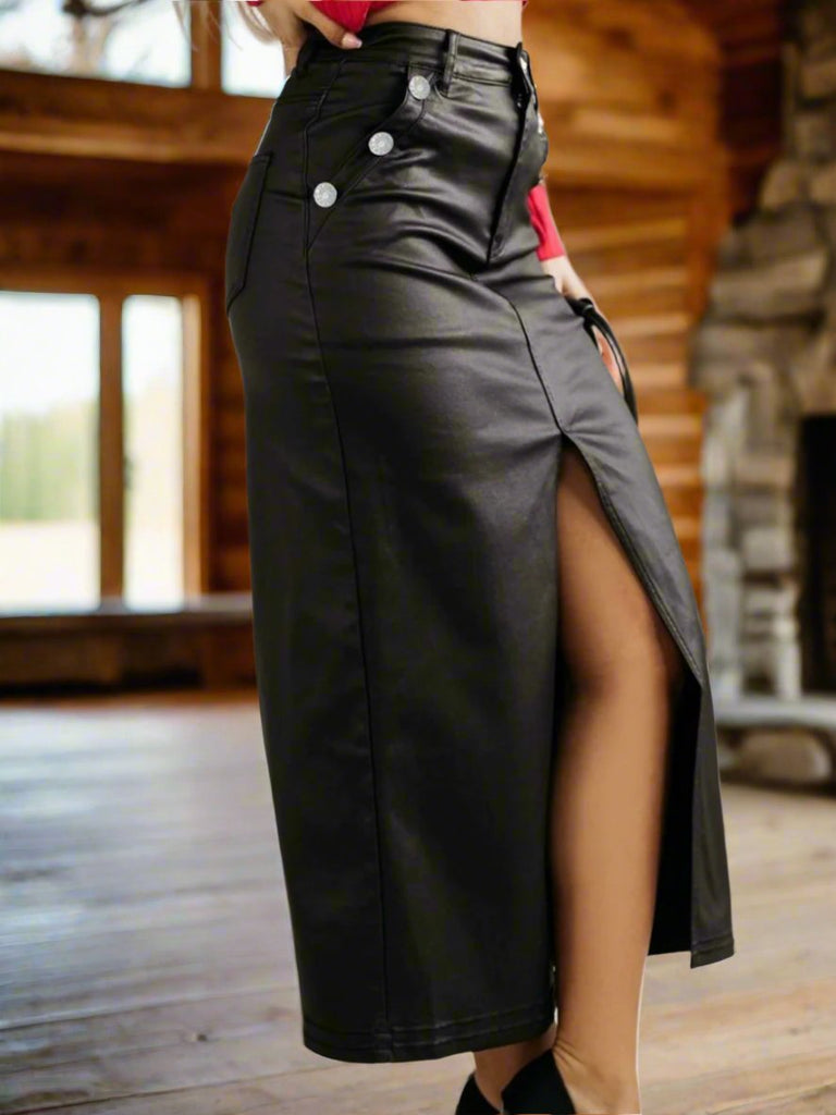 Long ,Flirty High waist ,front split, Faux Leather Skirt with silver button accents.