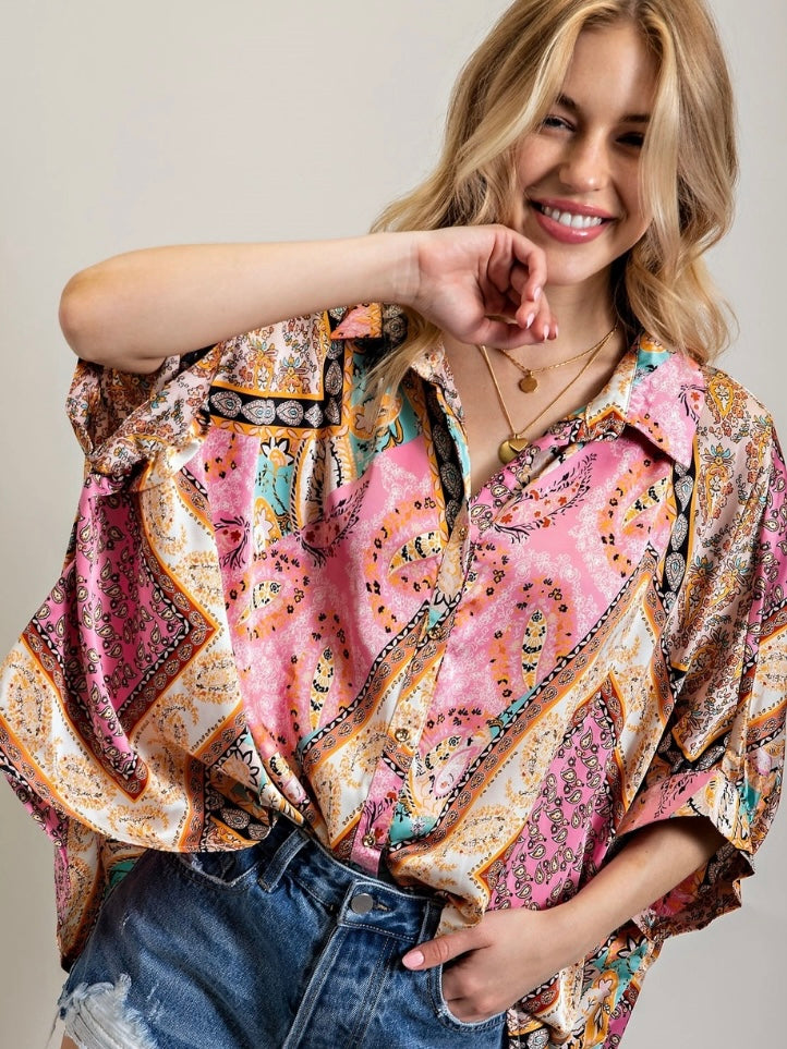 Oversized, flowy button Satin Top in a pink and neutral brown with a classic stand collar and short sleeves