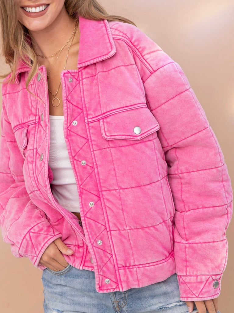 Pink Stone Washed Quilted Jacket! With a playful oversized fit and snap close.