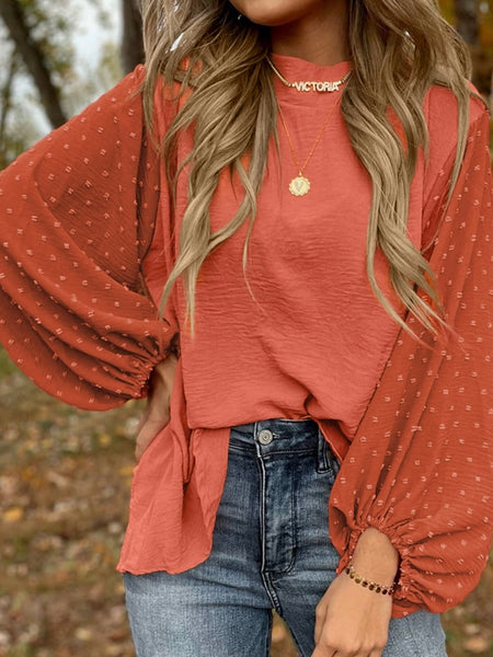 Orange , Balloon Sleeve Top, with a Contrasting Swiss Dot Pattern, and Elegant Keyhole Detailing.