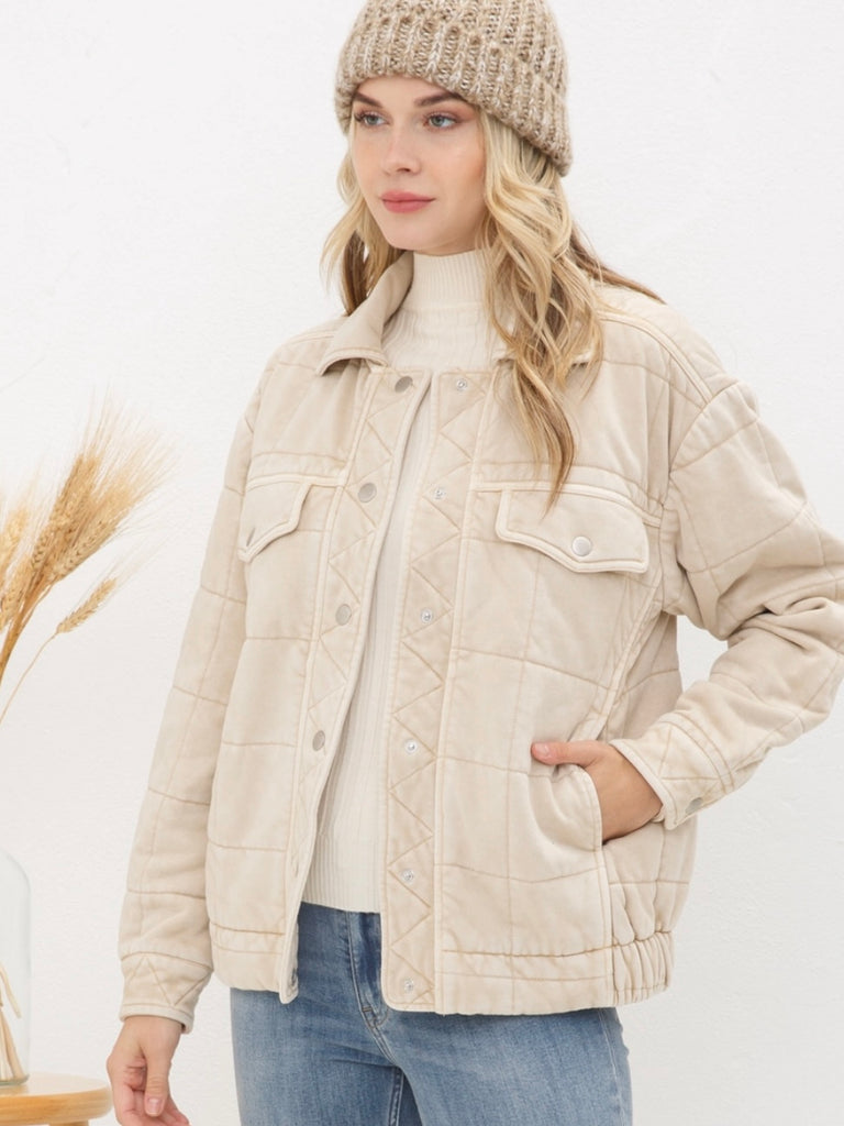 Taupe Stone Washed Quilted Jacket! With a playful oversized fit and snap close.