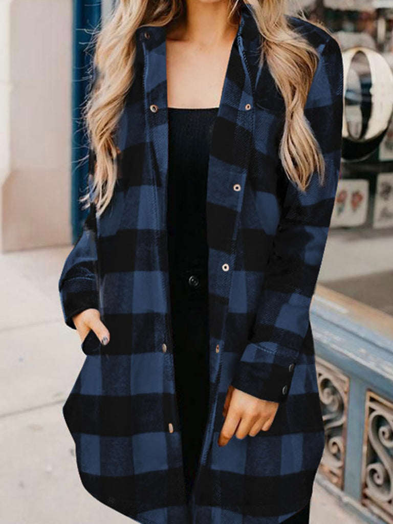 Blue, British longline plaid shirt coat with snap-button closure for easy wear, and a turn-down collar for a chic, polished look.