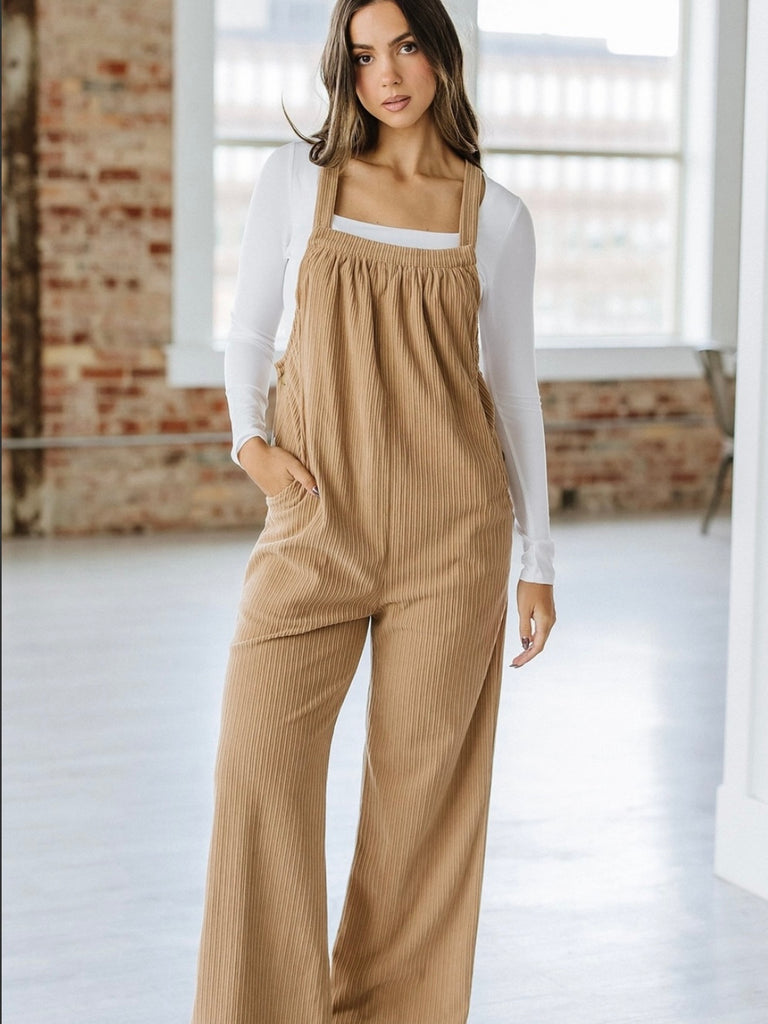  Beige, loose fit vintage-inspired corduroy Overalls with Multi-pocket design for added functionality.