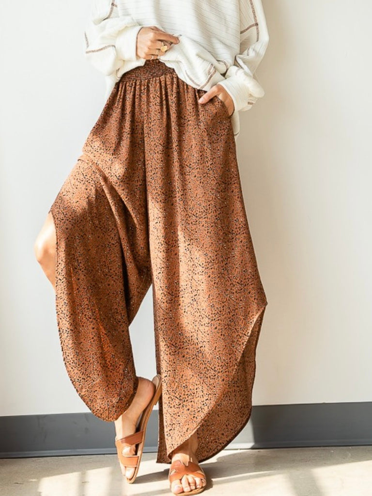 Brown Animal Print Smocked Pants elastic smocking diagonal cut sides that adds a unique detail.  