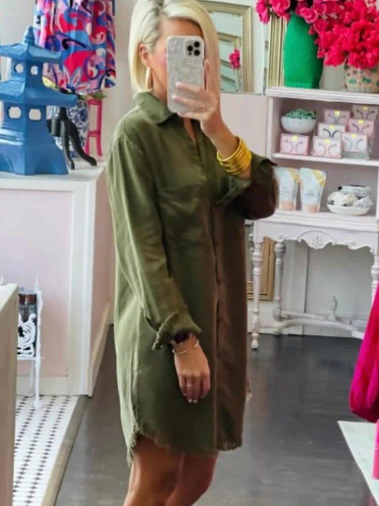 Olive Green Tunic Featuring raw-hemmed long sleeves and two convenient front pockets and Button up front.