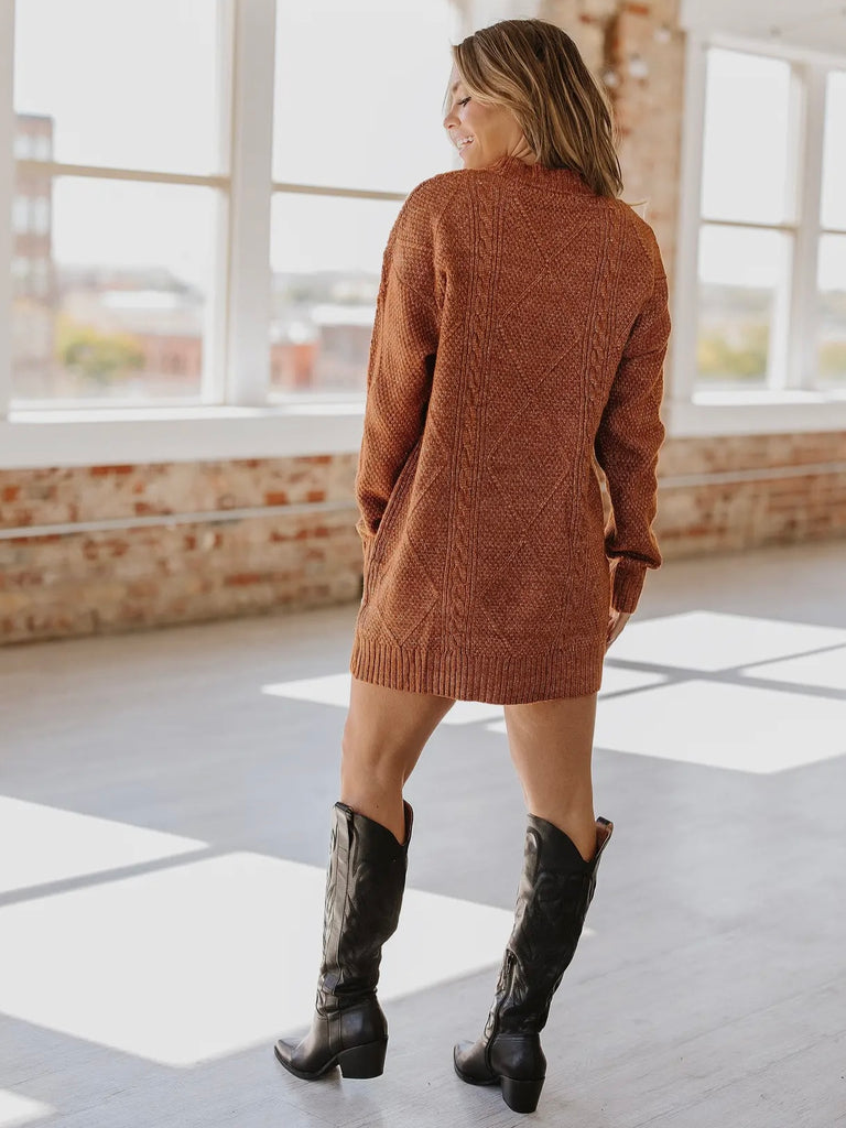 Apricot Brown Knit Sweater Dress, this  sweater dress features intricate cable knit detailing that adds texture and a chic touch to your outfit. Loose fit for all body shapes.