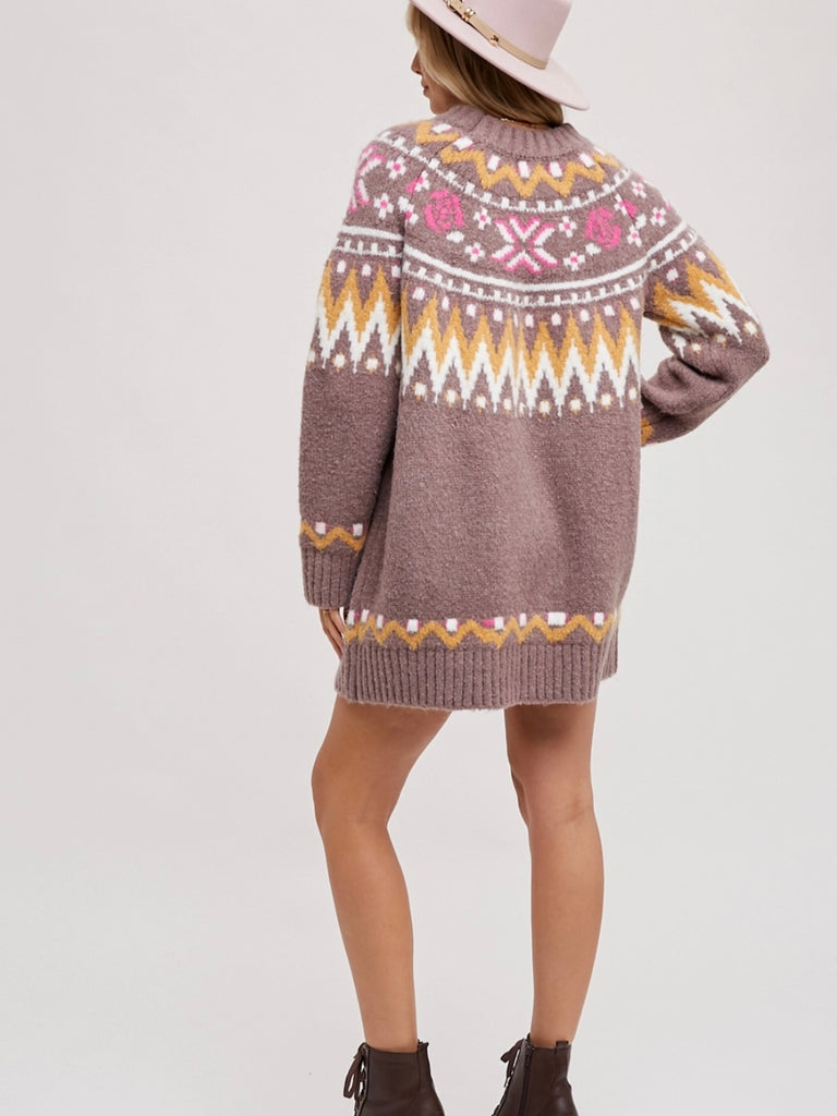 Coco Brown ,Ski Lodge Tunic Sweater Dress in a Fair Isle pattern .