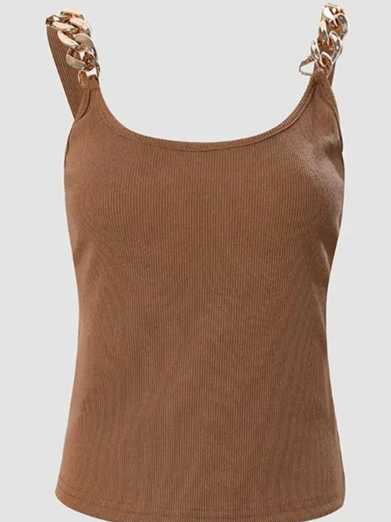 Gold Chain, Brown Ribbed Knit, U-Neck Tank Top.