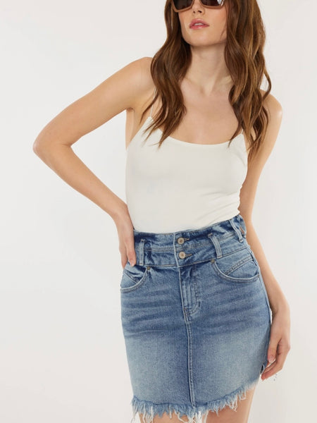  Fringed Hem Stretchy Cotton  Mini Jean Skirt with fading and whiskering , has side slits ,it also features double button front closure and zip fly. 