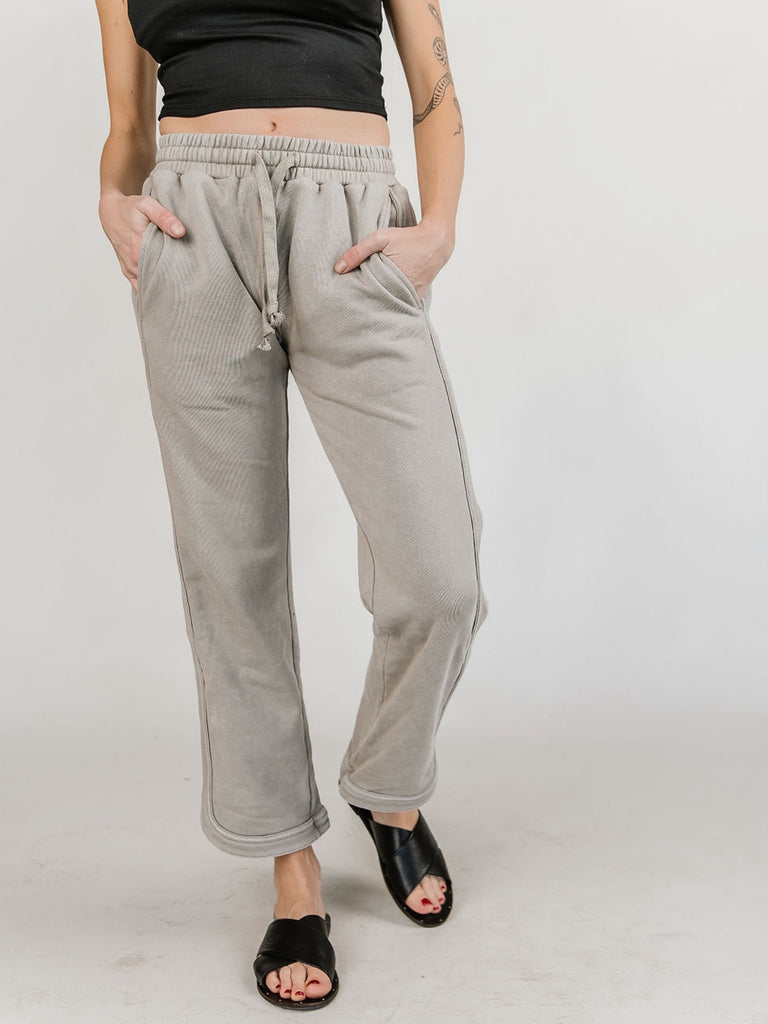 Medium Stretch Stone -Grey elastic-waisted, straight-legged pant with two side pocket and hem slits, and tie waist.