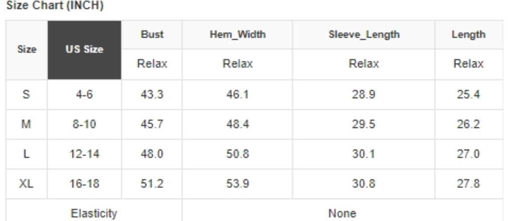 Size Chart for Violets in Bloom Top