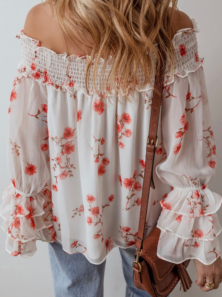  Floral Ruffled sleeves ,Off The Shoulder Top, with delicate shirred detailing, with a comfy loose fit .