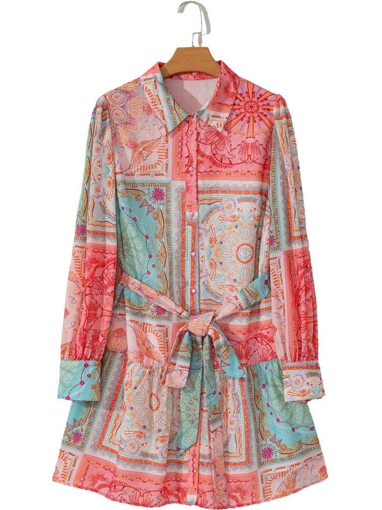 Boho Patches Dress with Bubble Sleeves, Belted Waistline: The belted design cinches your waist, creating a flattering silhouette.
 The colorful blend of patch-style patterns gives the dress a playful yet sophisticated look.