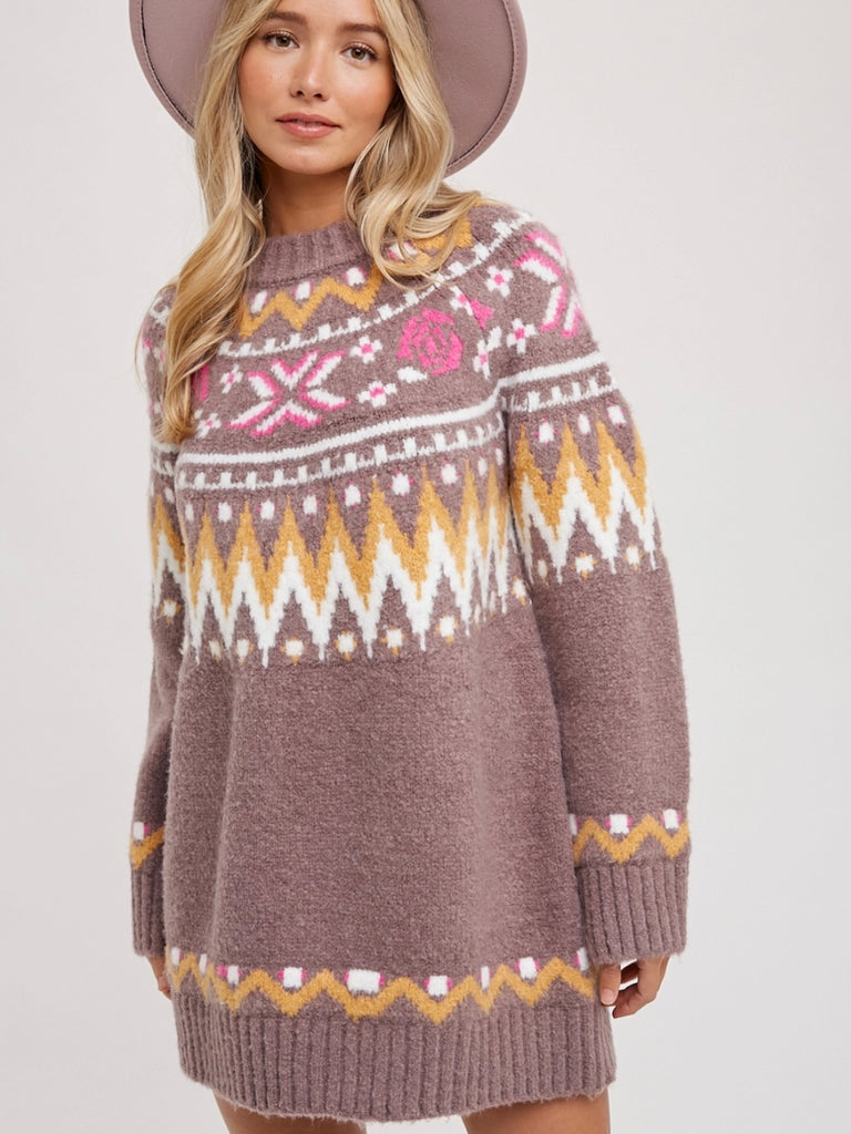 Coco Brown ,Ski Lodge Tunic Sweater Dress in a Fair Isle pattern .