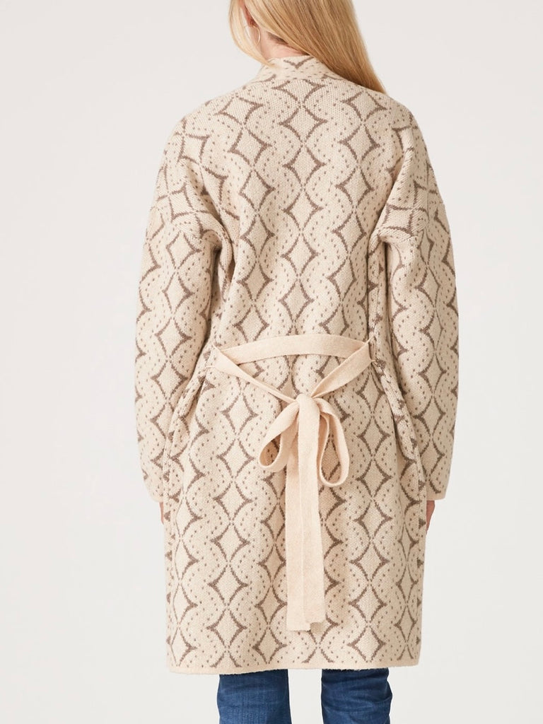 Creamy Natural Toned Cardigan features a western diamond print, long sleeves, and patch pockets, with a waist belt.