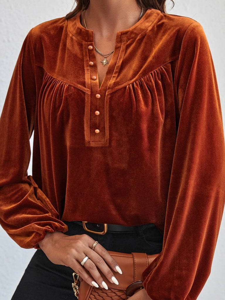 Copper ,Split v-neck Velvet Top with a Relaxed fit, and Lantern sleeves with elegant beaded details.