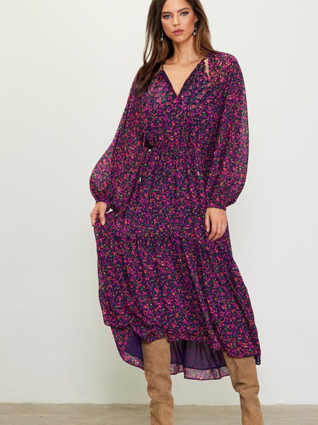 Navy and magenta floral print chiffon dress, split neckline detail, and a hi low hem.