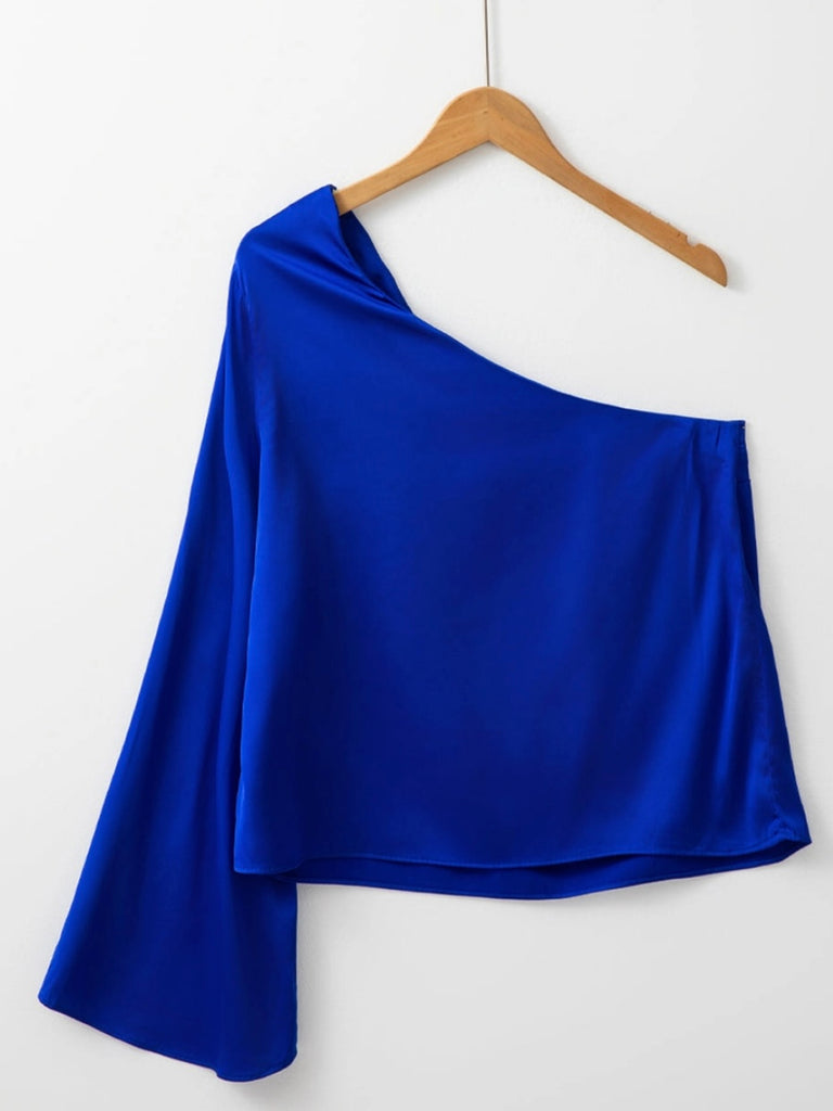 Royal Blue, One Sleeve Top, Crafted from luxurious satin with a flared bell sleeve that adds a touch of retro glam.