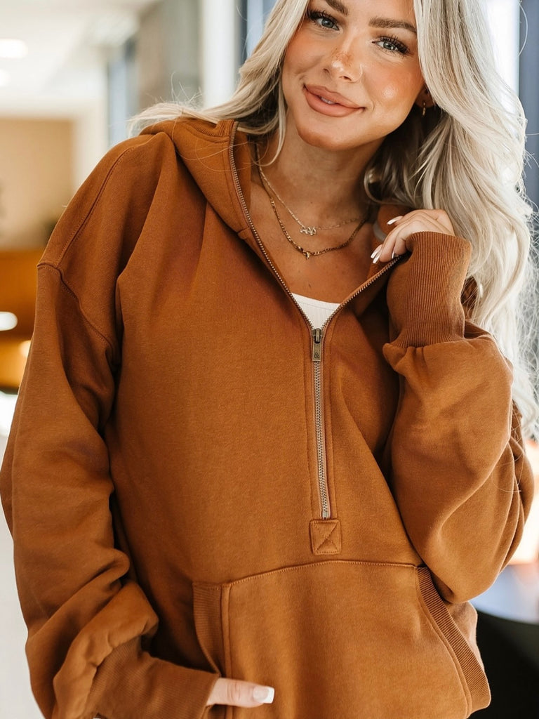 Maple Coloured , Oversized Half - Zip Kangaroo Pocket with elastic hem, make this the perfect Hoodie.