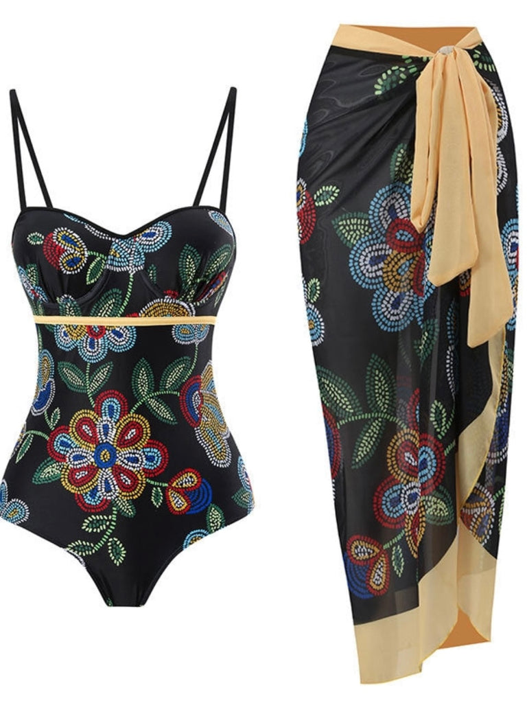 Blackened Floral Swim Set . One Piece with adjustable string shoulder and waist tie wrap and  pretty chiffon cover up  wrap