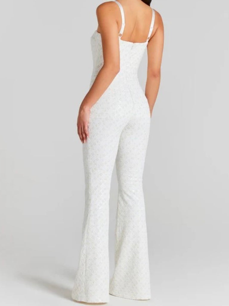 White, Luxe velvet fabric adorned with sequins Jumpsuit with adjustable straps for a customized fit.