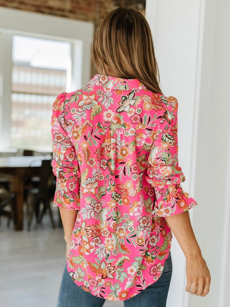  Pink Boho Floral Print Blouse, featuring a delicate floral print on soft, flowy fabric, with a button front. 