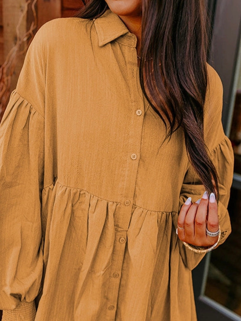 Golden Sunset colour Bishop Sleeve Shirt Dress, with button front and modern shirt collar.