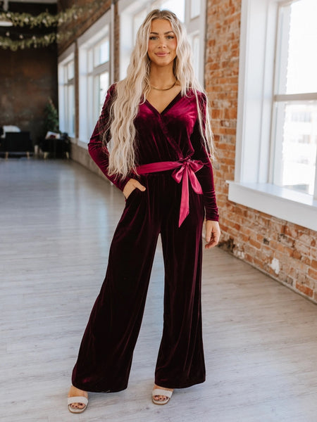 Carmine Velvet Wide Leg Jumpsuit