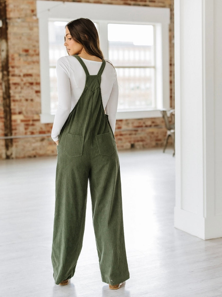 Olive , loose fit vintage-inspired corduroy Overalls with Multi-pocket design for added functionalit