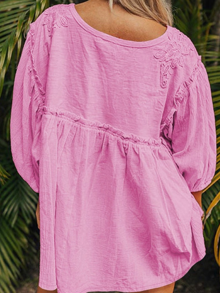 Pink Boho  Loose Fit Blouse with 
intricate lace applique and stylish 3/4 sleeves with a charming babydoll silhouette.